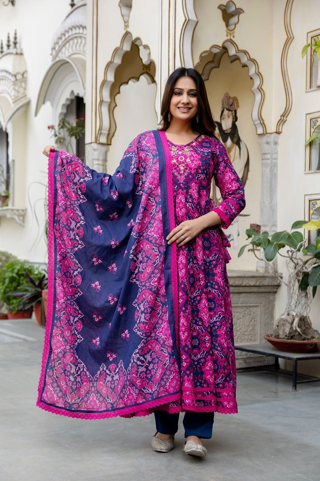 Pink and Blue Handwork detailing Anarkali Suit