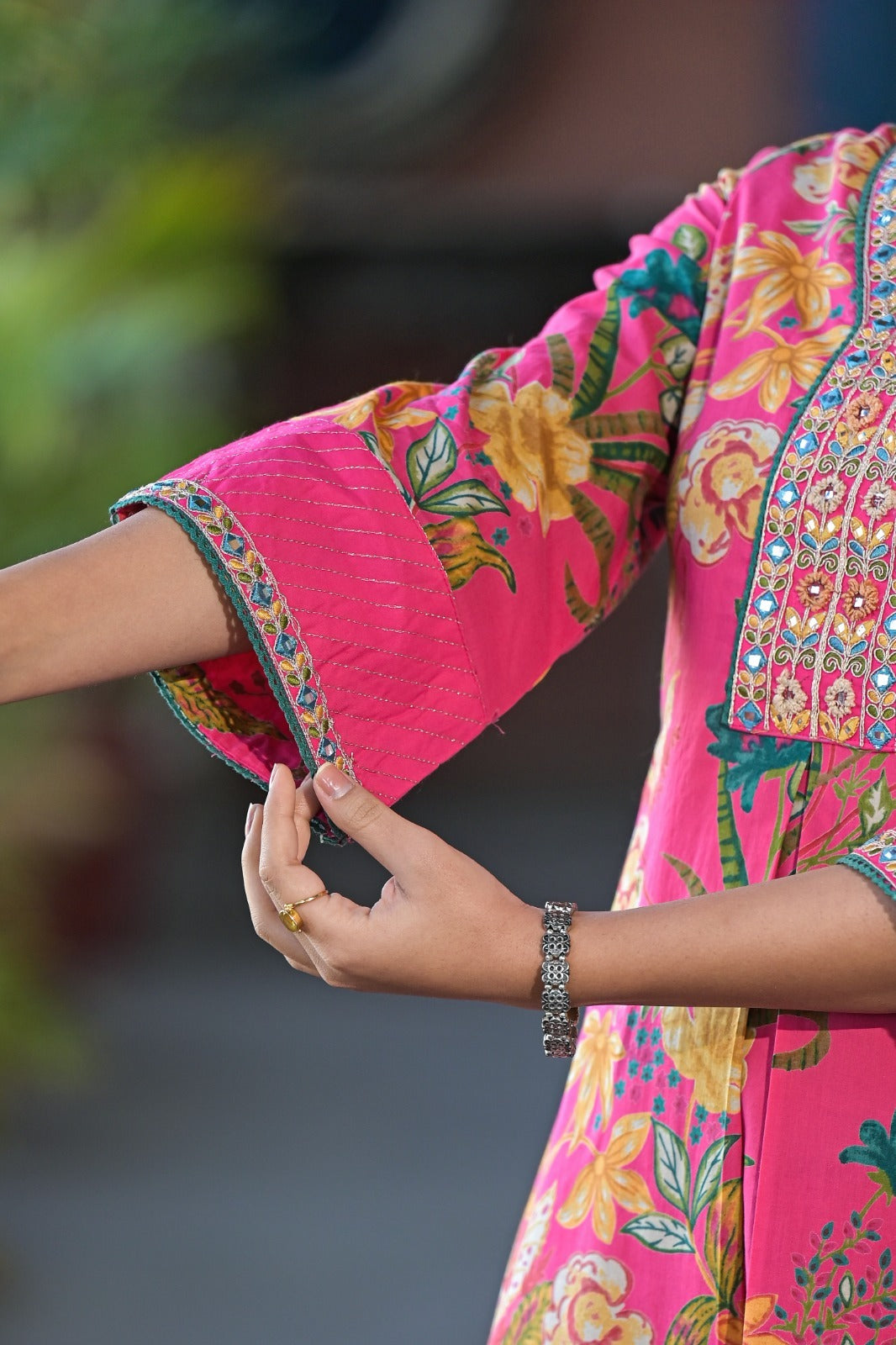Pink Floral Printed Designer Neck Detailing Suit