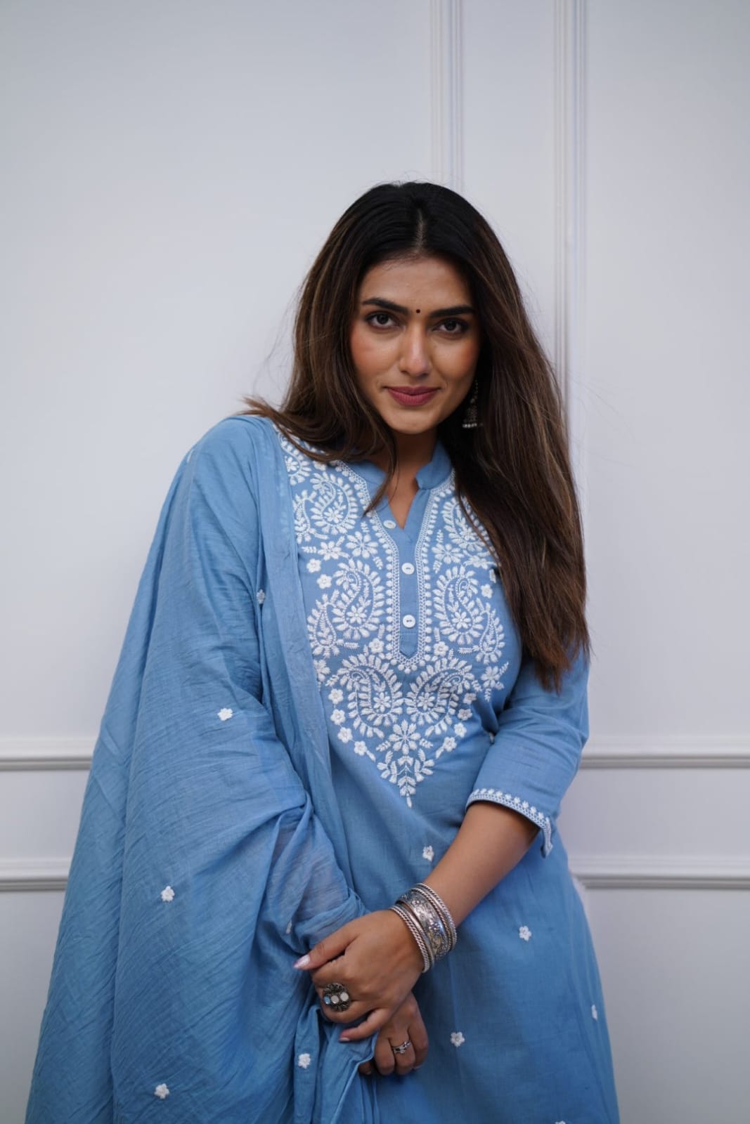 Sky Blue Pure Cotton Embroidered Kurta Set with Embroidered Slit Pants & Dupatta