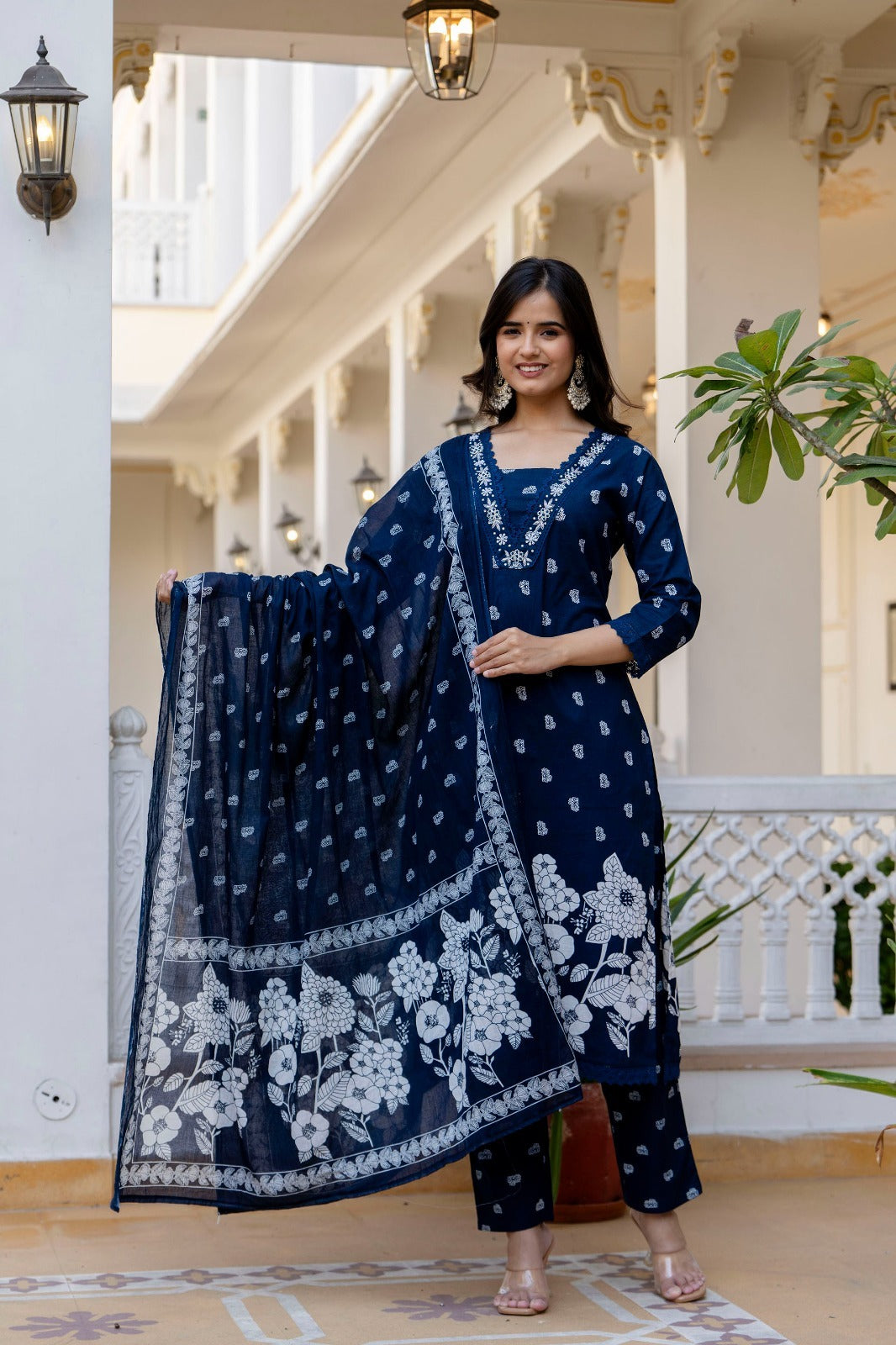 Navy Blue Suit Set with Hand Work and Lace Detailing