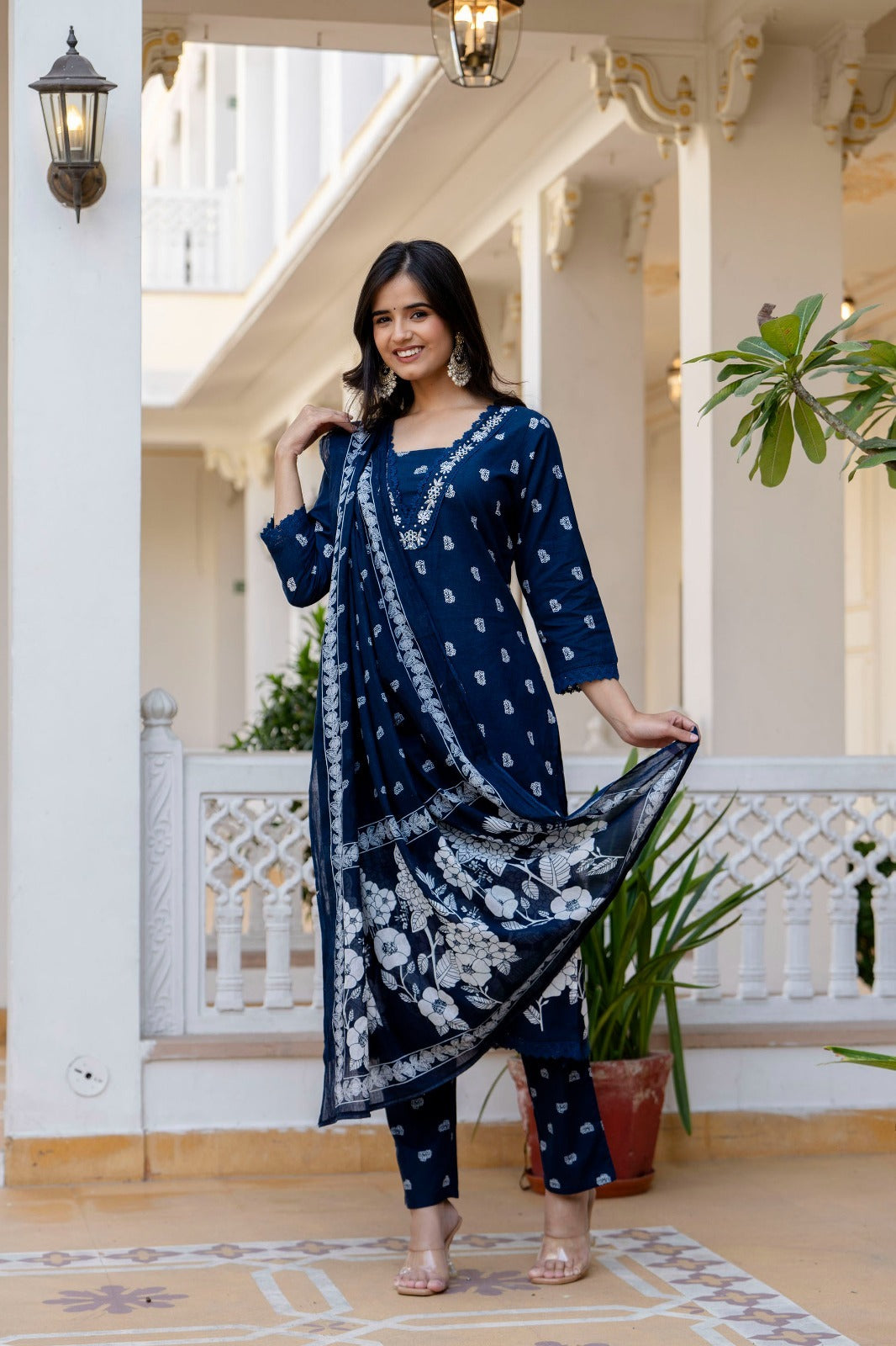 Navy Blue Suit Set with Hand Work and Lace Detailing