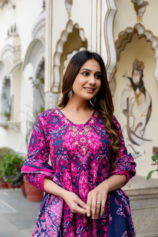 Pink and Blue Handwork detailing Anarkali Suit