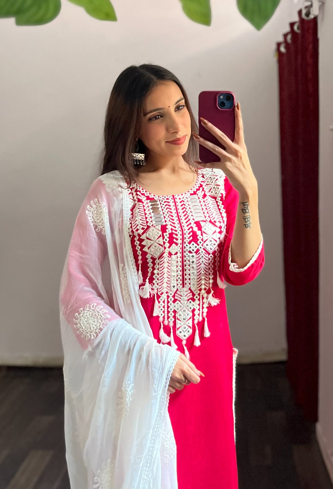 Magenta Pink Heavy Neck Embroidered Suit Set with Mirror Work and Tassels Detailing