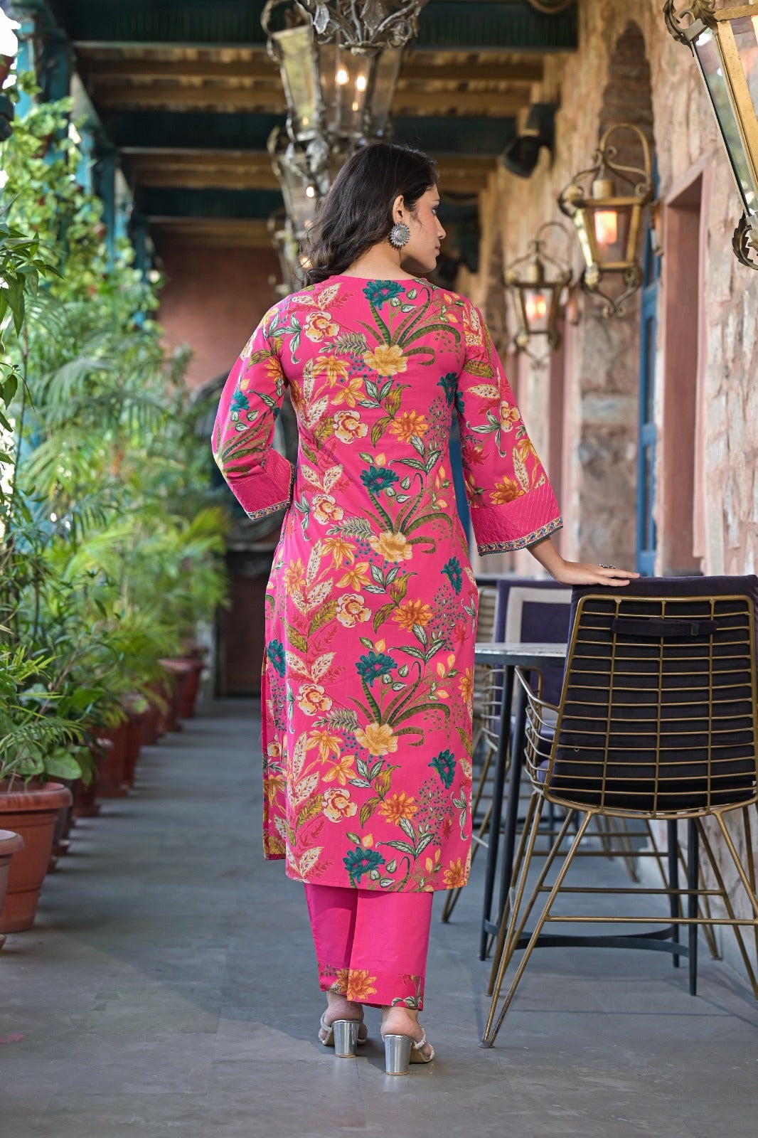 Pink Floral Printed Designer Neck Detailing Suit