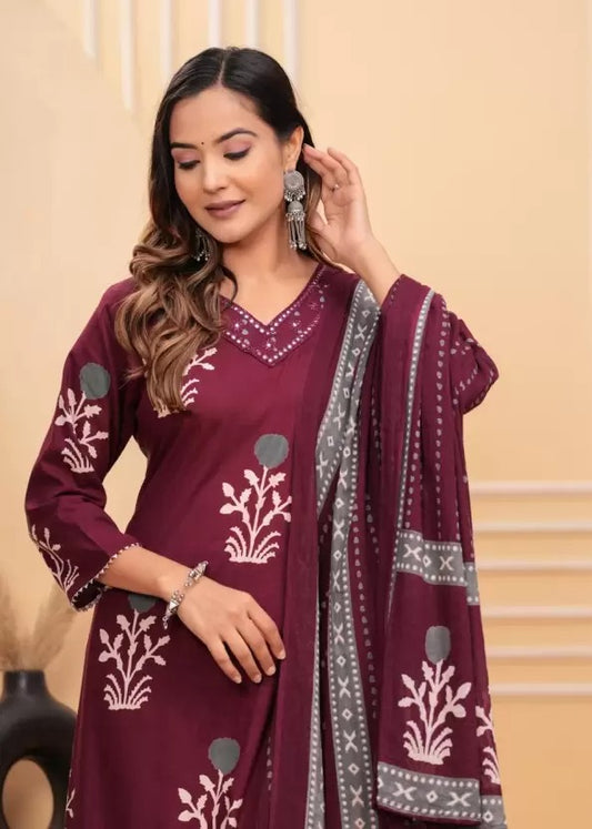 Maroon Pure Cotton Printed suit