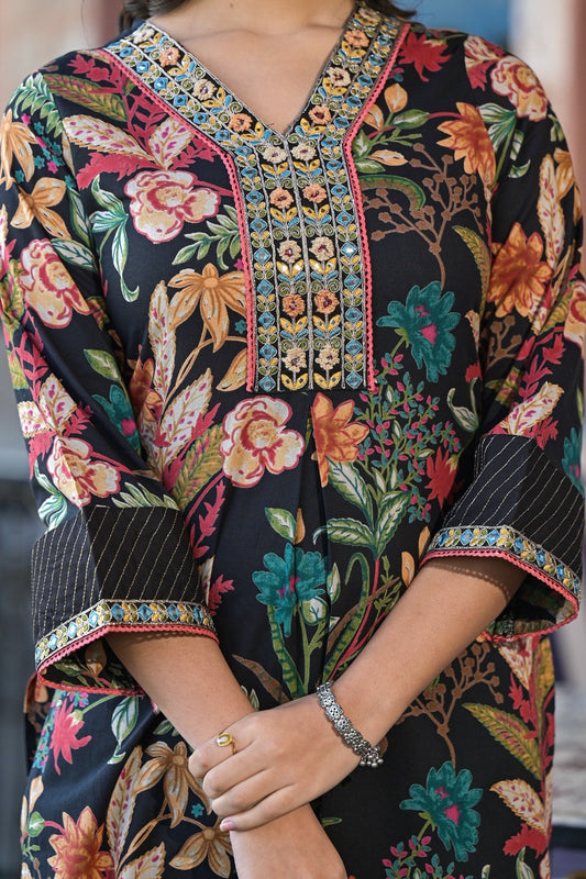 Black Floral Printed Designer Neck Detailing Suit