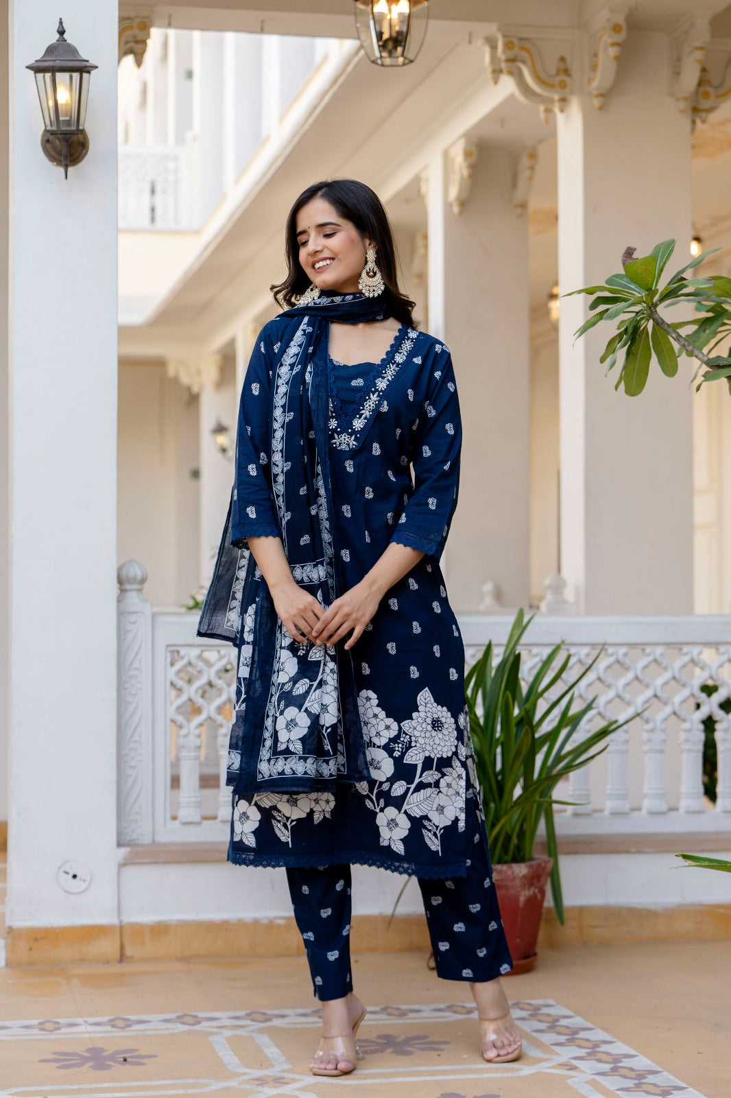 Navy Blue Suit Set with Hand Work and Lace Detailing