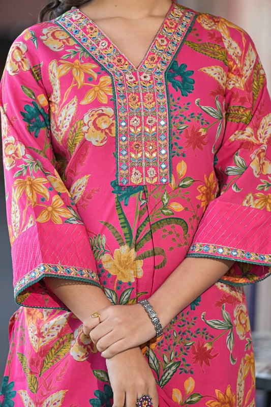Pink Floral Printed Designer Neck Detailing Suit
