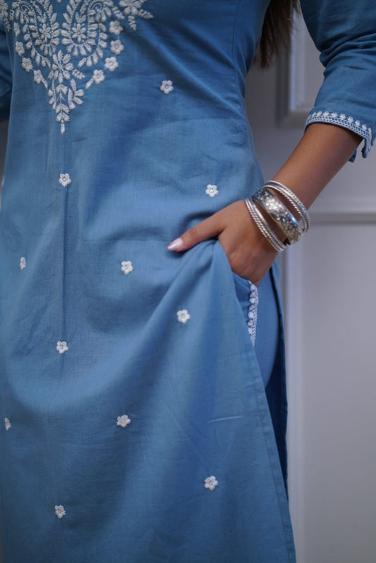 Sky Blue Pure Cotton Embroidered Kurta Set with Embroidered Slit Pants & Dupatta