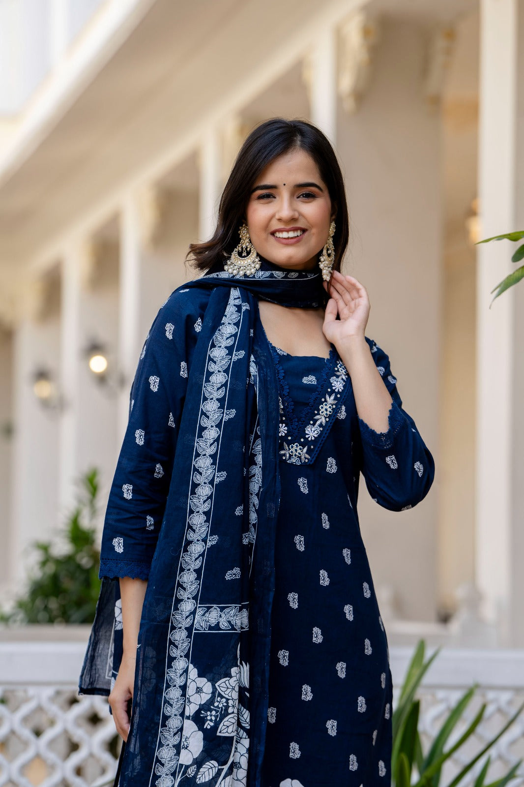 Navy Blue Suit Set with Hand Work and Lace Detailing