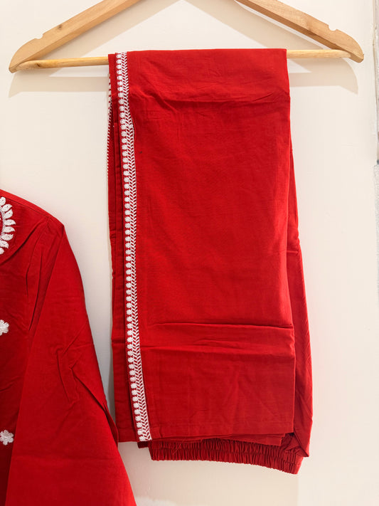 Classic Brick Red Embroidered Women’s Suit Set (3-Piece)
