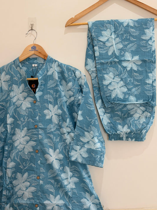 Elegant Aqua Blue Floral Cotton Kurta Set (2-Piece)