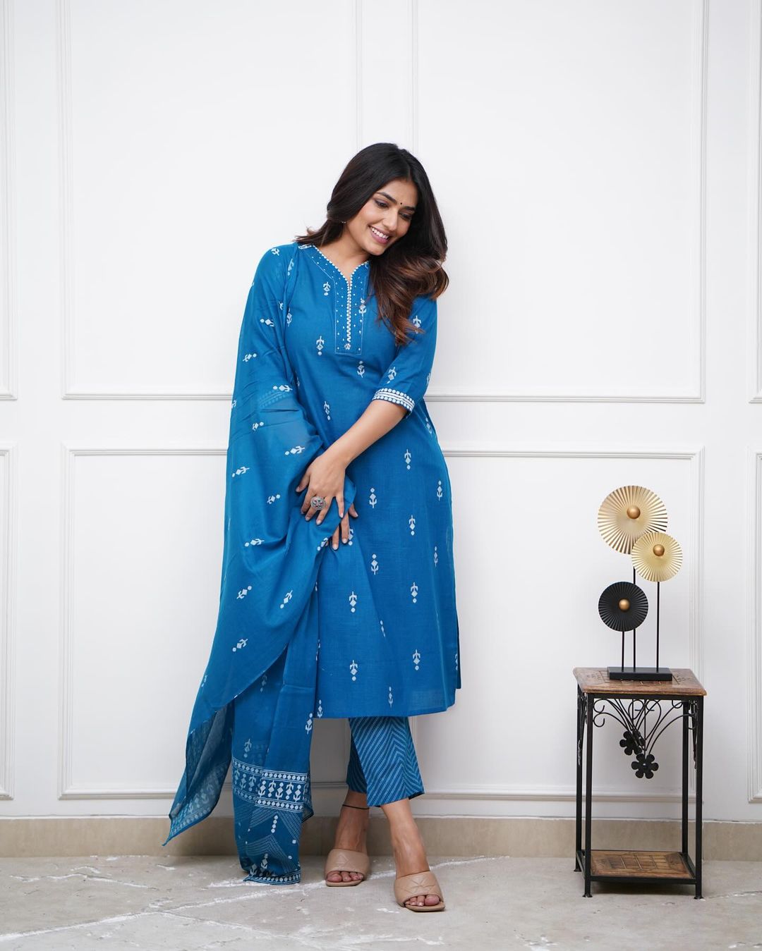 Light Blue Cotton Printed Suit