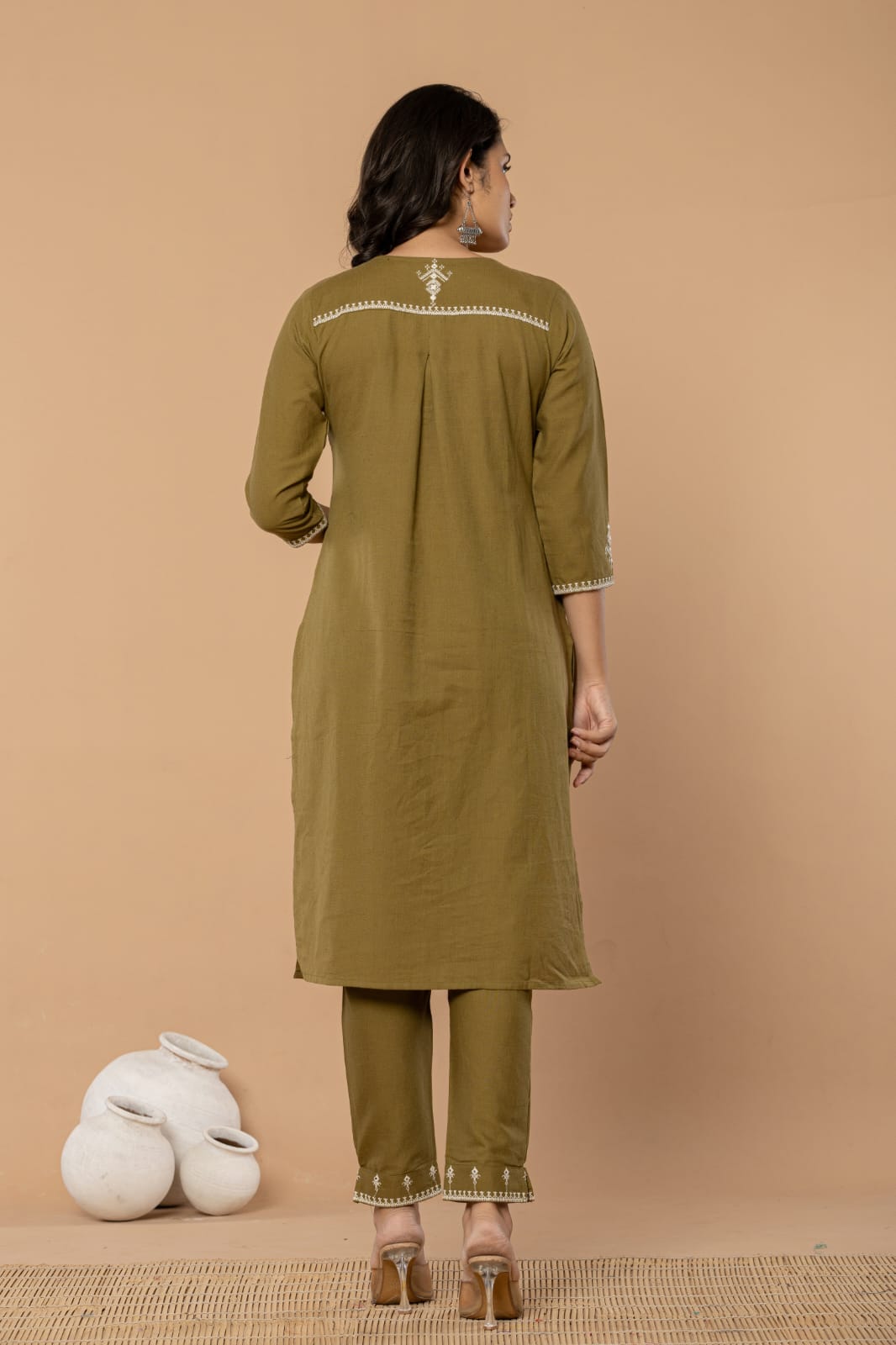 Olive Green Cotton Embroidered Suit