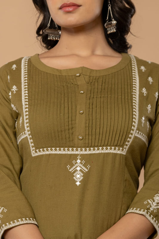 Olive Green Cotton Embroidered Suit