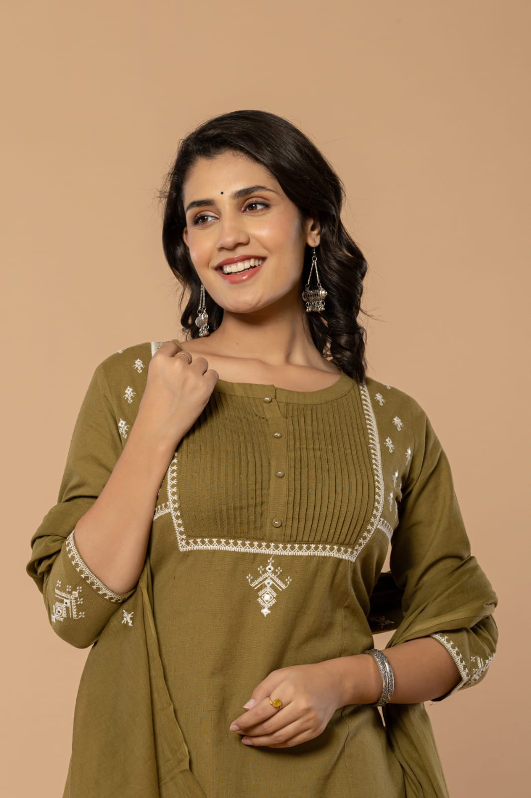Olive Green Cotton Embroidered Suit