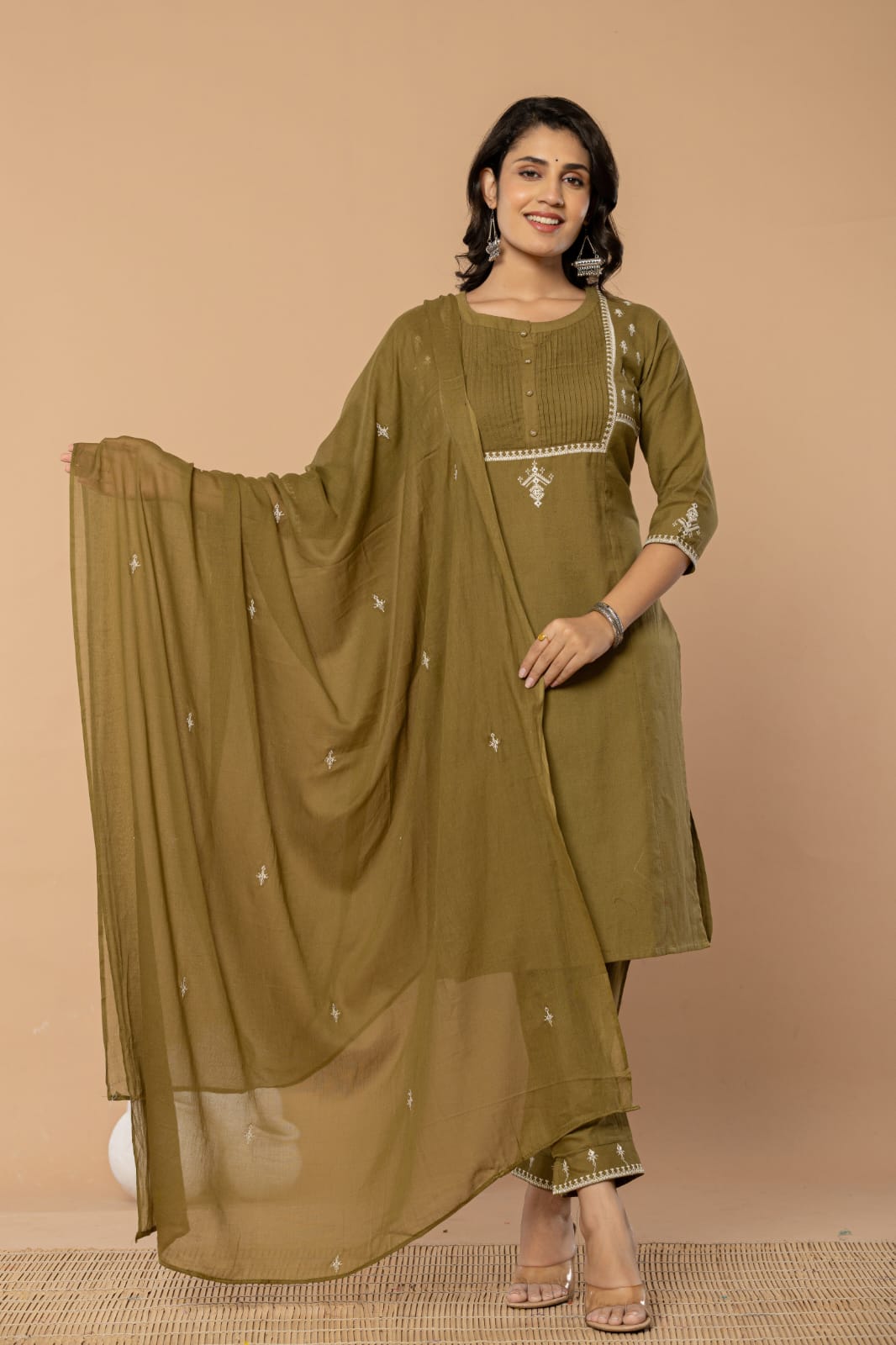 Olive Green Cotton Embroidered Suit
