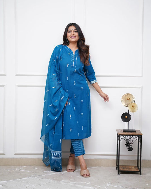 Light Blue Cotton Printed Suit