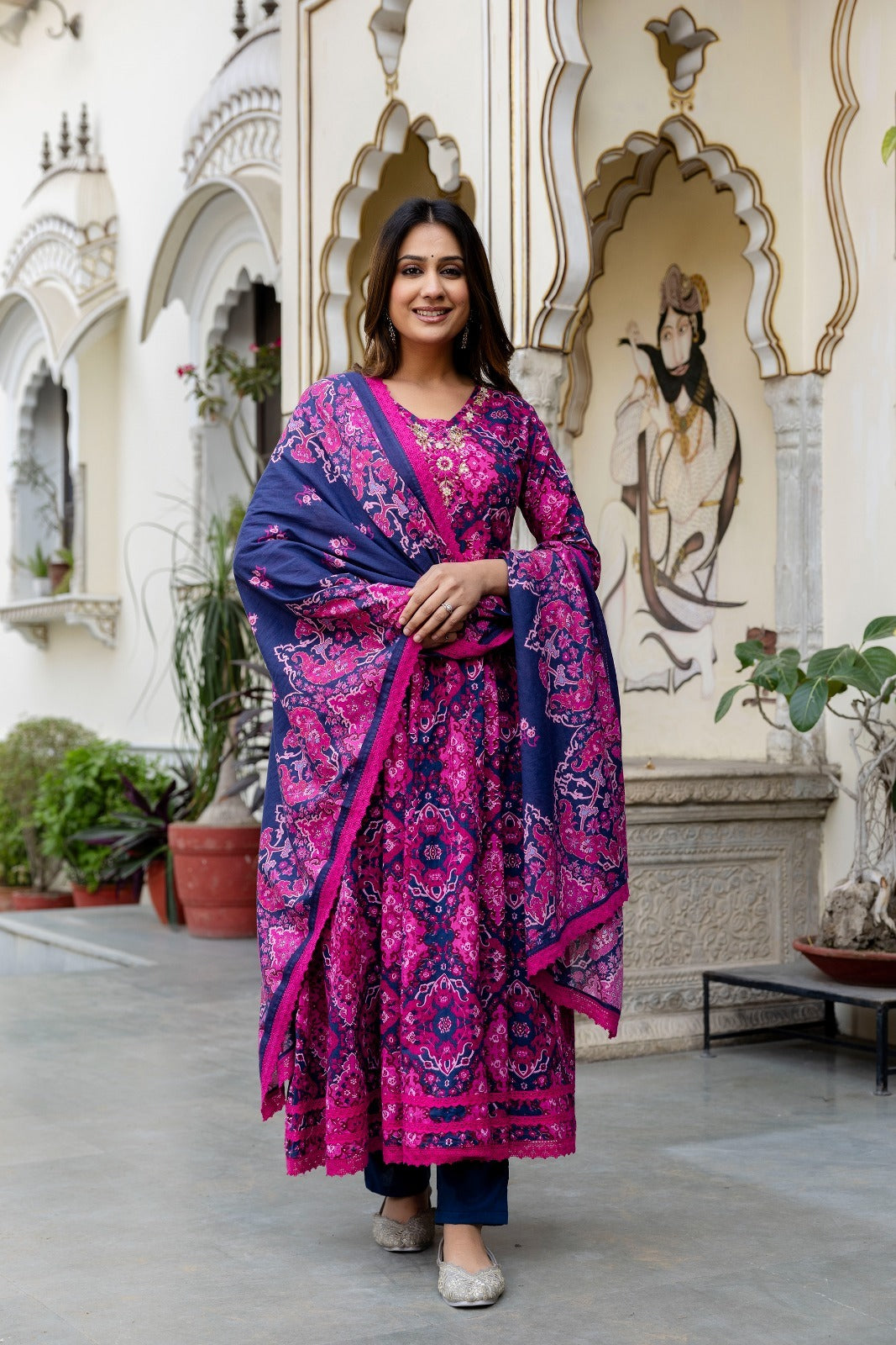Pink and Blue Handwork detailing Anarkali Suit