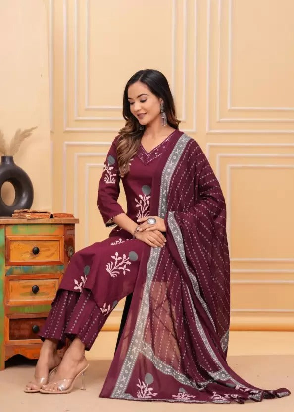 Maroon Pure Cotton Printed suit