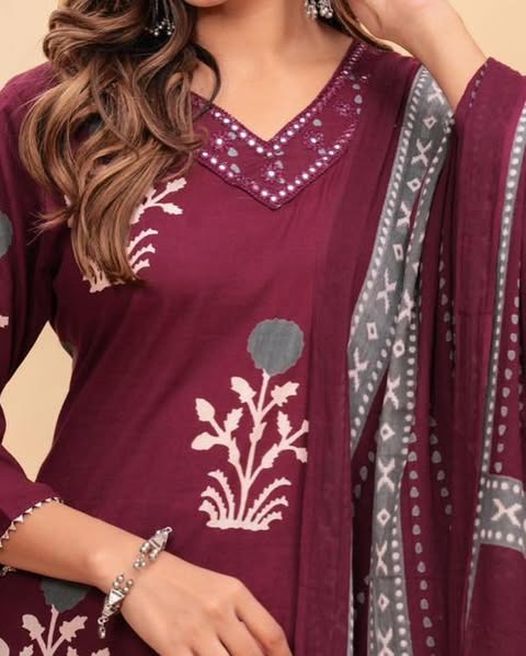 Maroon Pure Cotton Printed suit