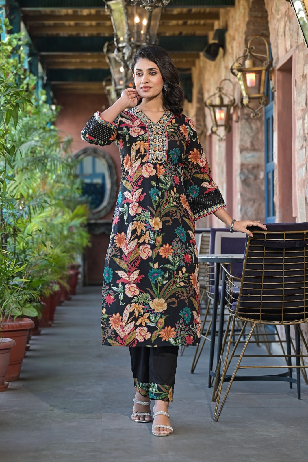 Black Floral Printed Designer Neck Detailing Suit