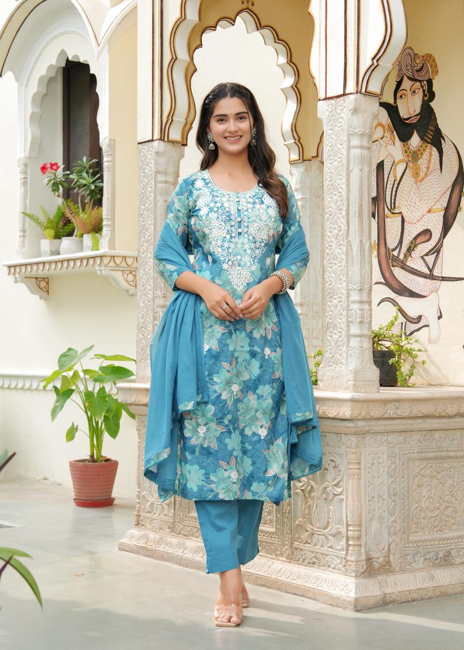 Sky Blue Heavy Neck Embroidered All over Printed Pure Cotton suit