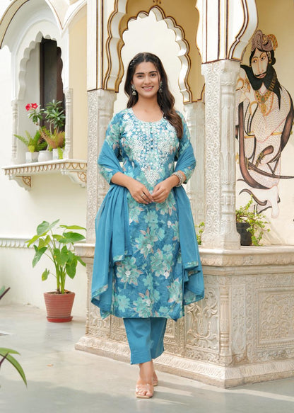 Sky Blue Heavy Neck Embroidered All over Printed Pure Cotton suit