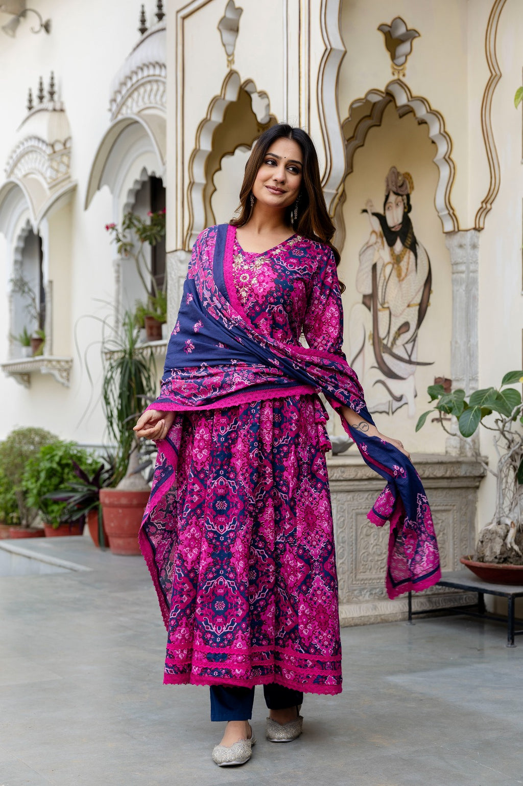 Pink and Blue Handwork detailing Anarkali Suit