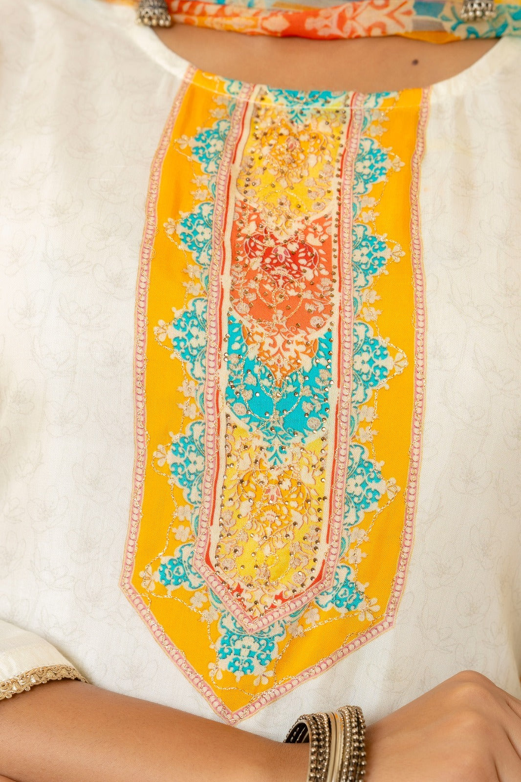 White & Yellow Muslin Printed 3-Piece Suit Set with Self Work