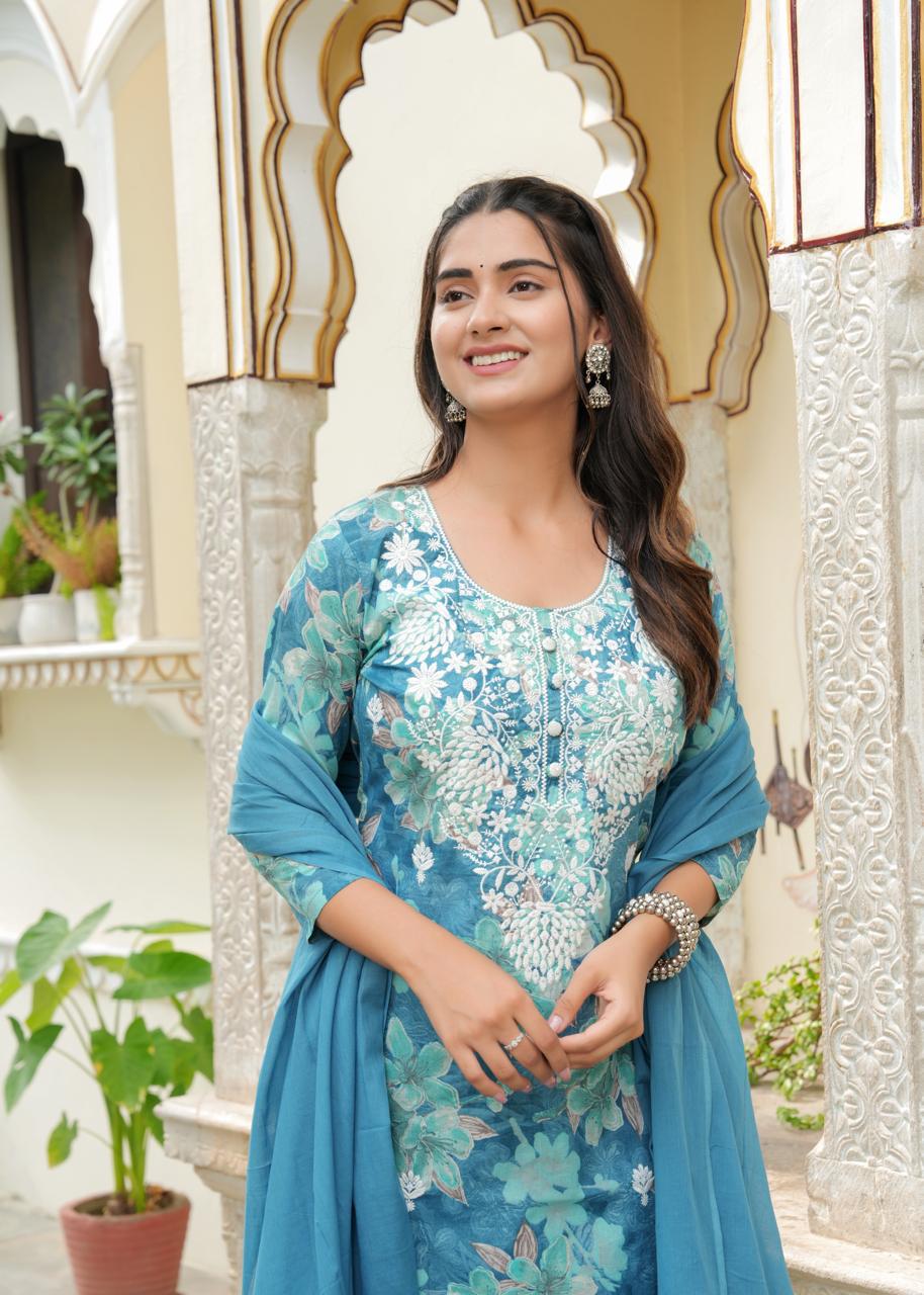 Sky Blue Heavy Neck Embroidered All over Printed Pure Cotton suit