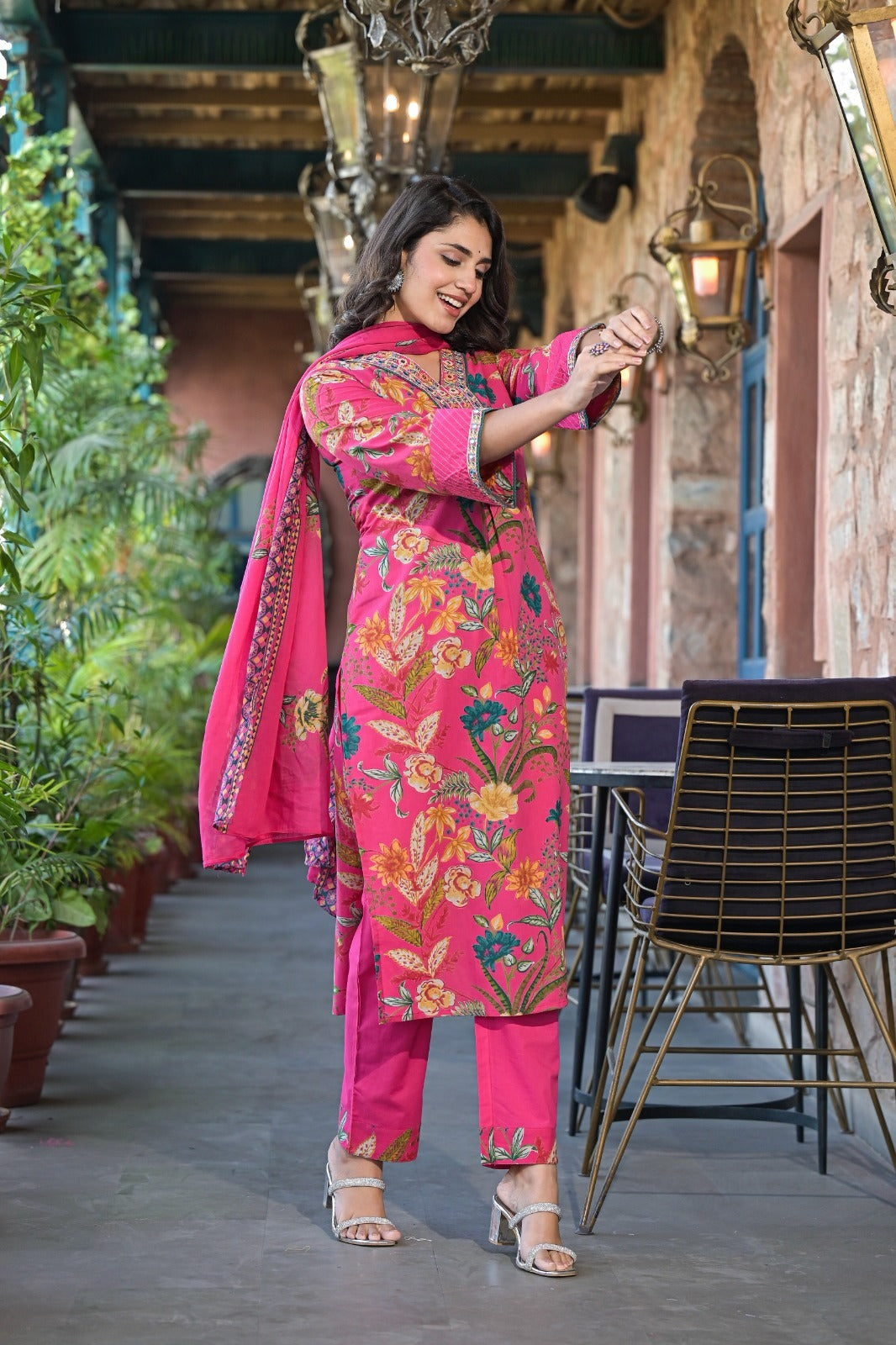 Pink Floral Printed Designer Neck Detailing Suit