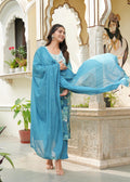 Sky Blue Heavy Neck Embroidered All over Printed Pure Cotton suit