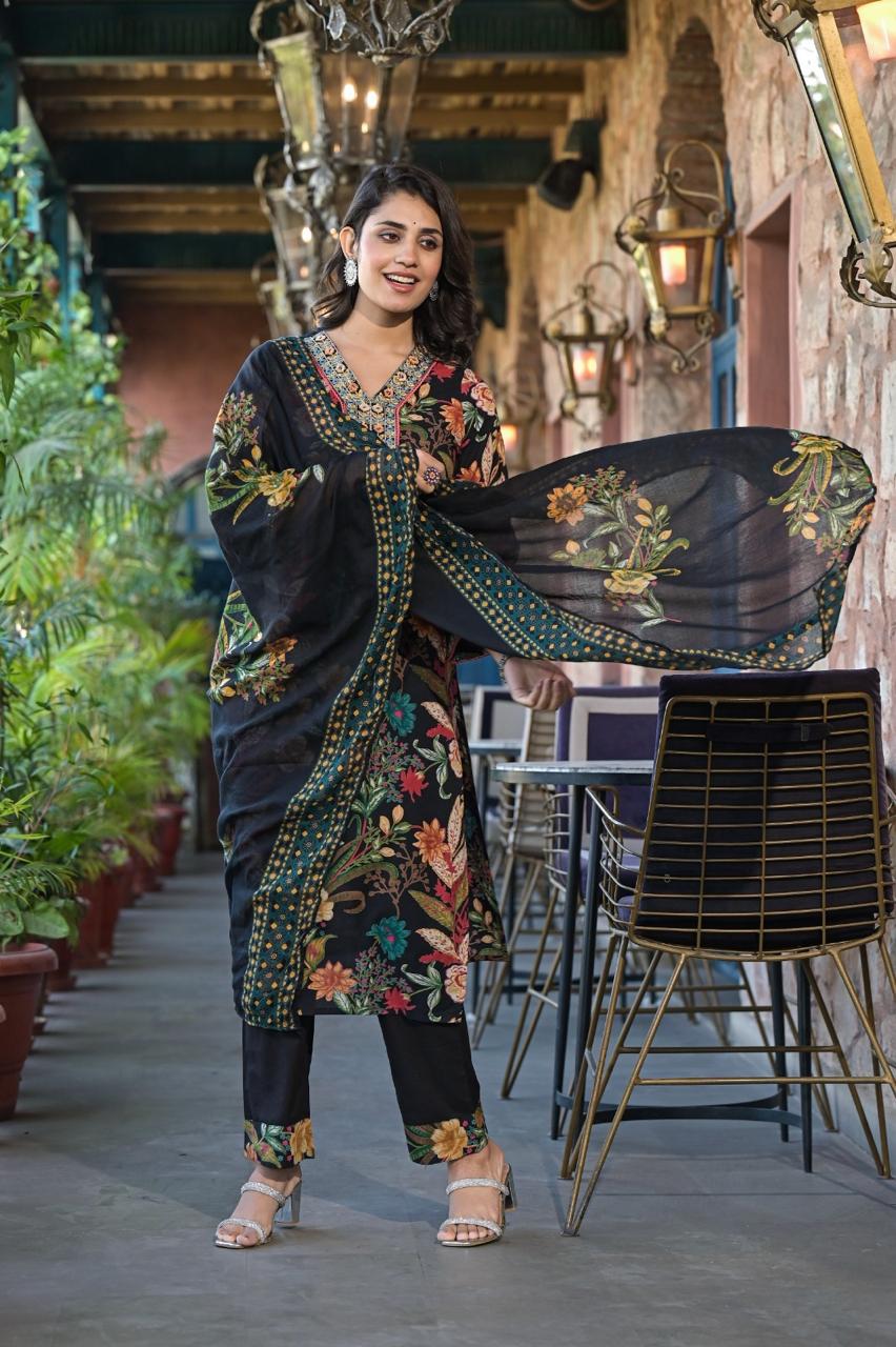 Black Floral Printed Designer Neck Detailing Suit