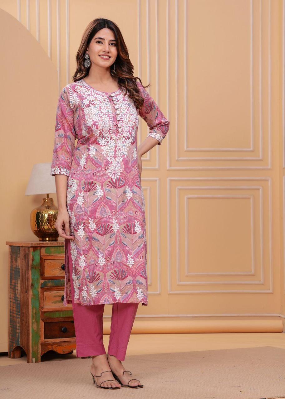 Pink Heavy Neck Embroidered All over Printed Pure Cotton suit