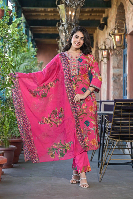 Pink Floral Printed Designer Neck Detailing Suit