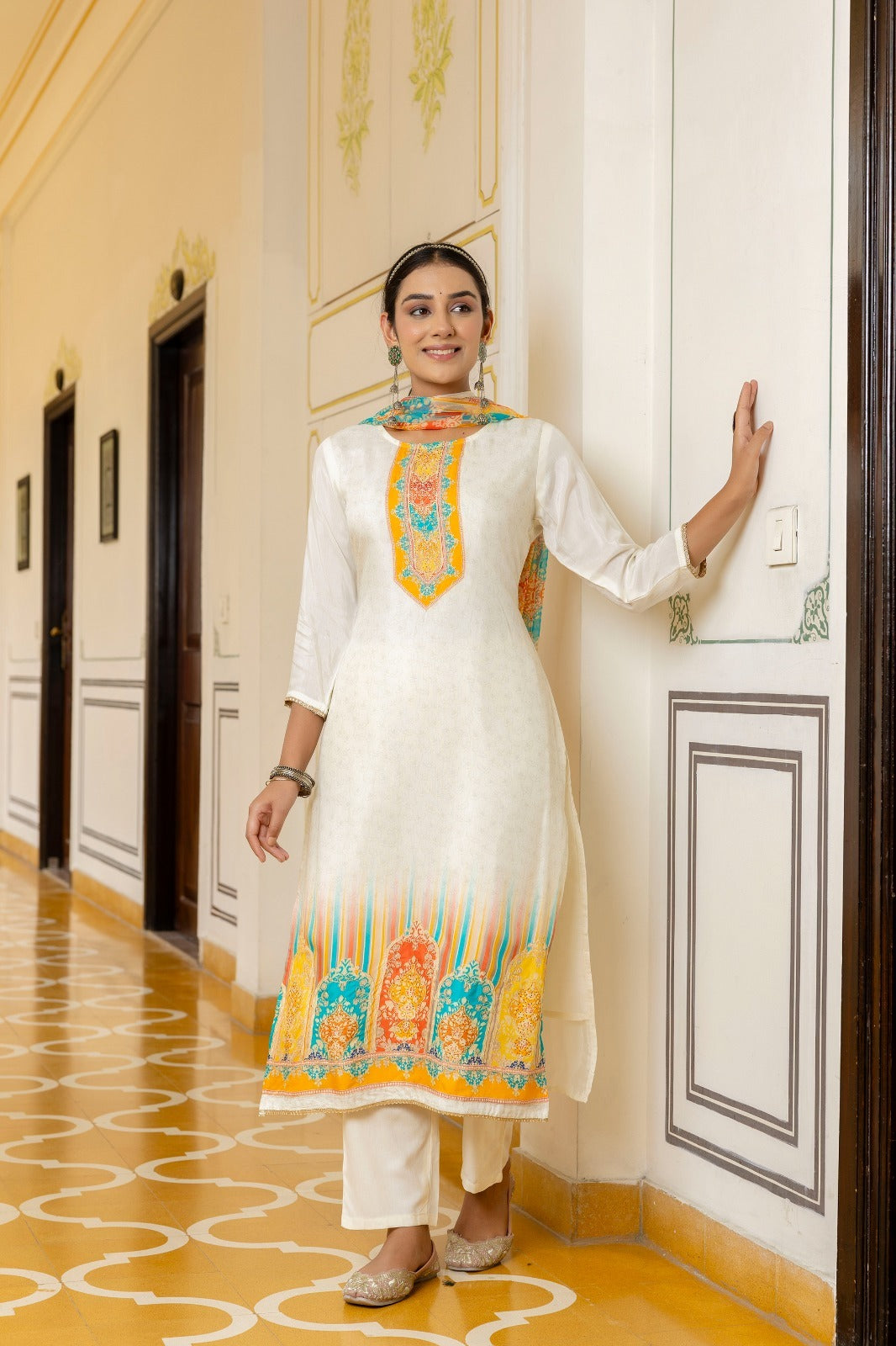 White & Yellow Muslin Printed 3-Piece Suit Set with Self Work