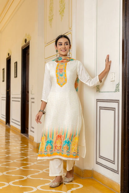 White & Yellow Muslin Printed 3-Piece Suit Set with Self Work