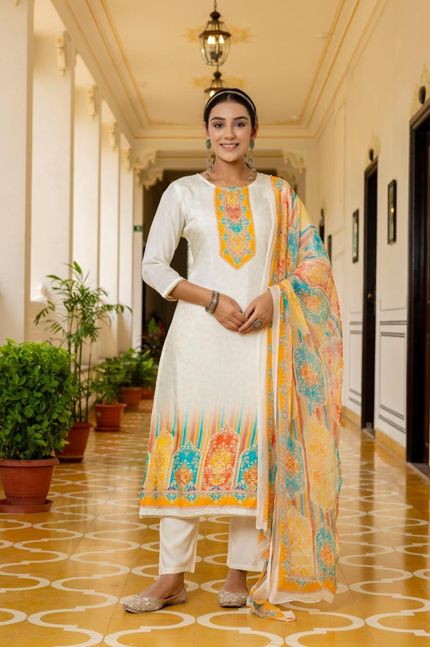 White & Yellow Muslin Printed 3-Piece Suit Set with Self Work