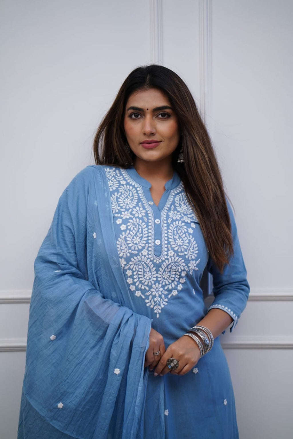 Sky Blue Pure Cotton Embroidered Kurta Set with Embroidered Slit Pants & Dupatta