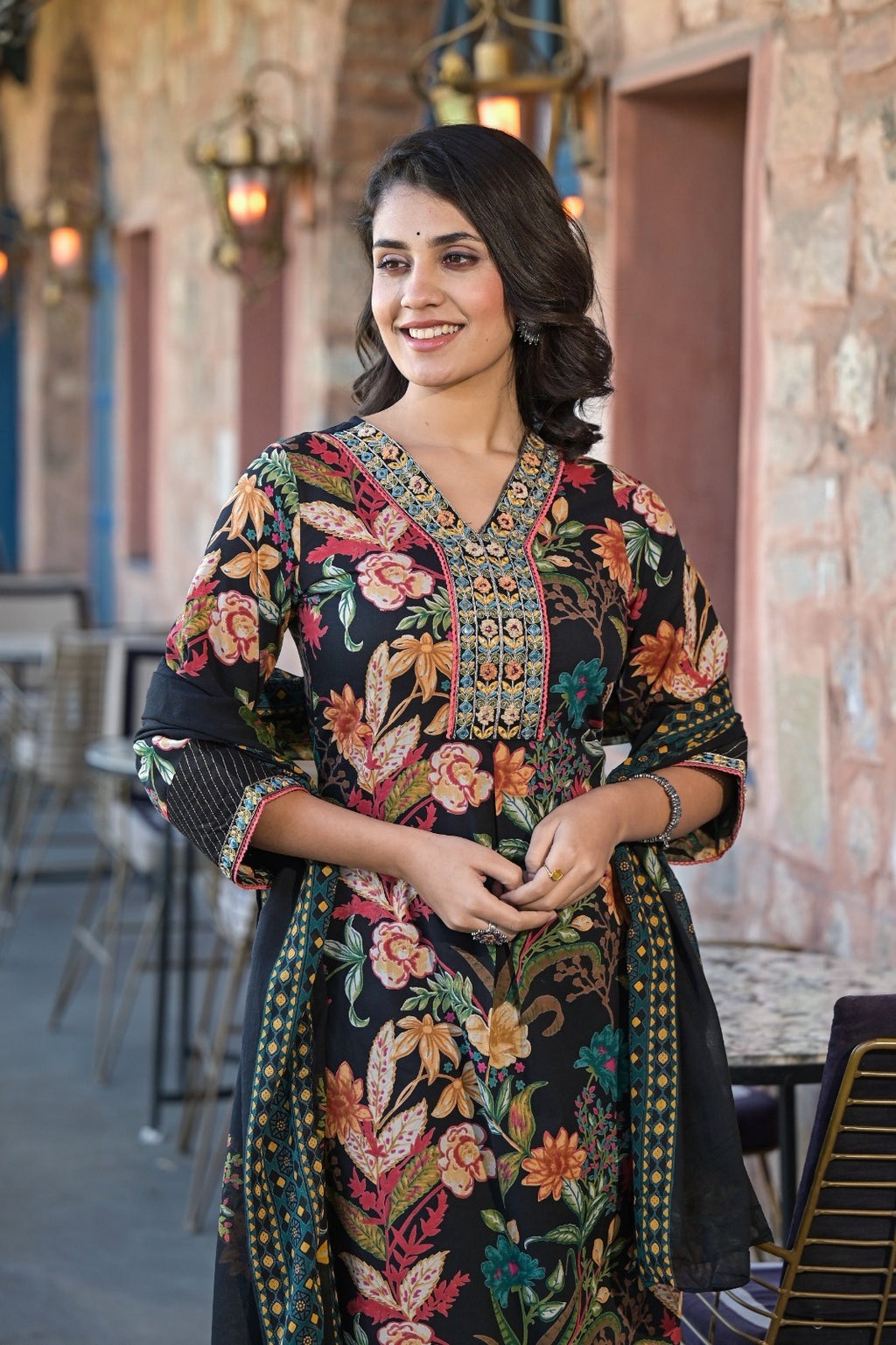 Black Floral Printed Designer Neck Detailing Suit