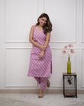 Pink Sleeveless- V Neck Cotton Kurta Set