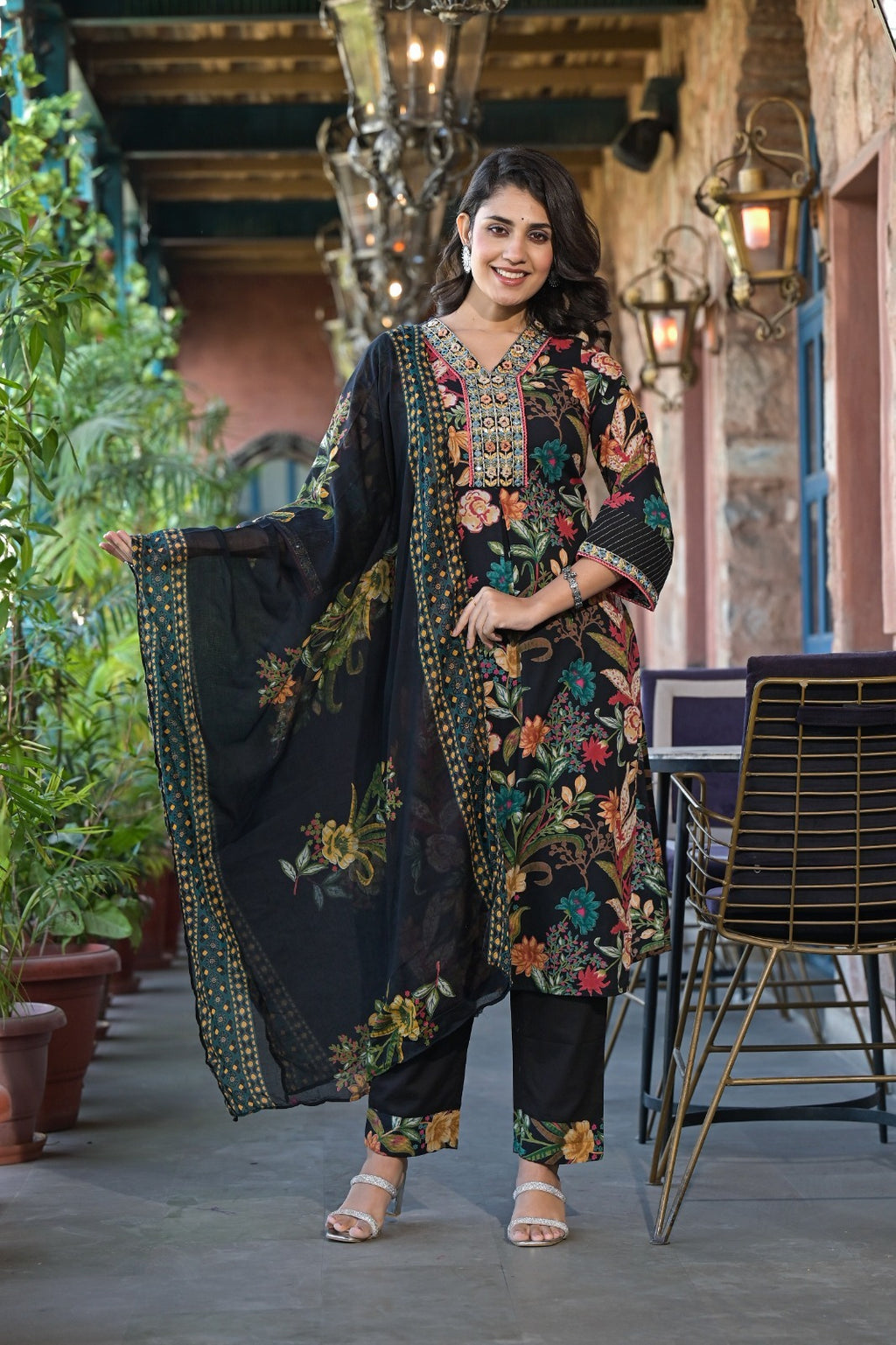 Black Floral Printed Designer Neck Detailing Suit