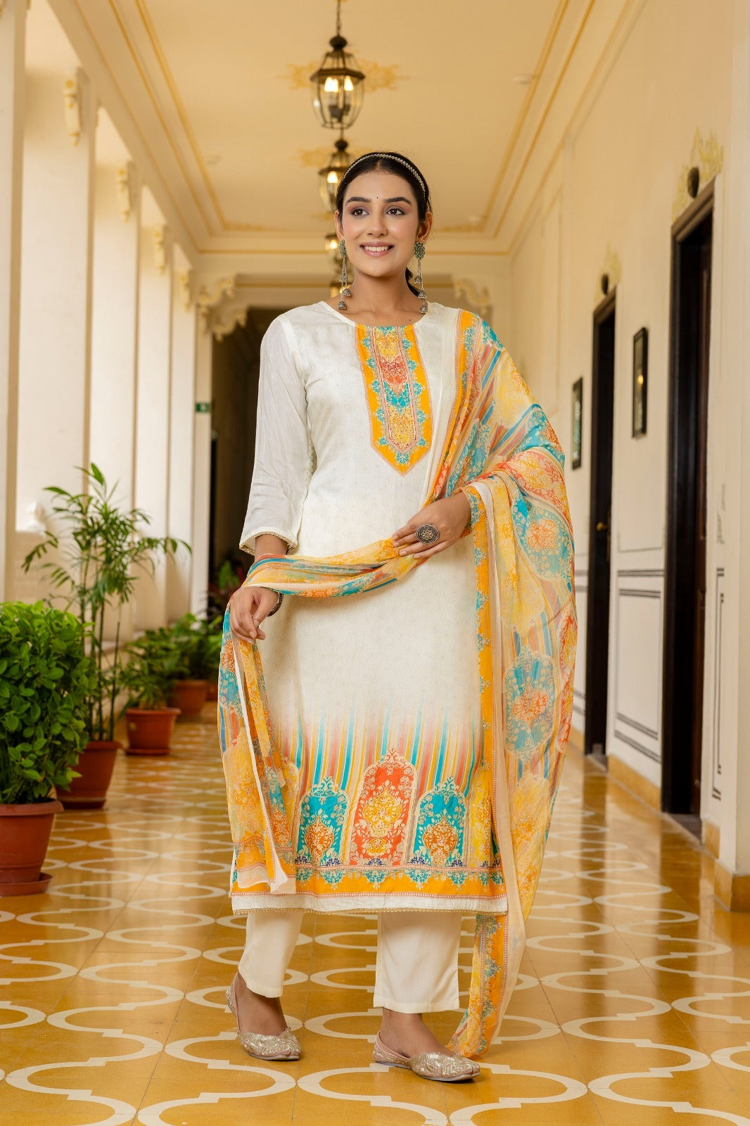 White & Yellow Muslin Printed 3-Piece Suit Set with Self Work