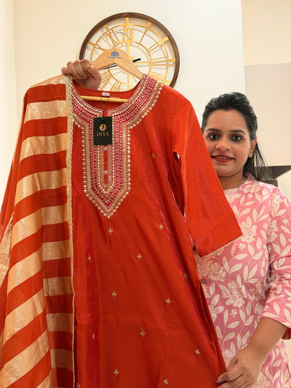 Elegant Rust Orange Embroidered Sharara Set with Golden Striped Dupatta – Festive Wear by Diya