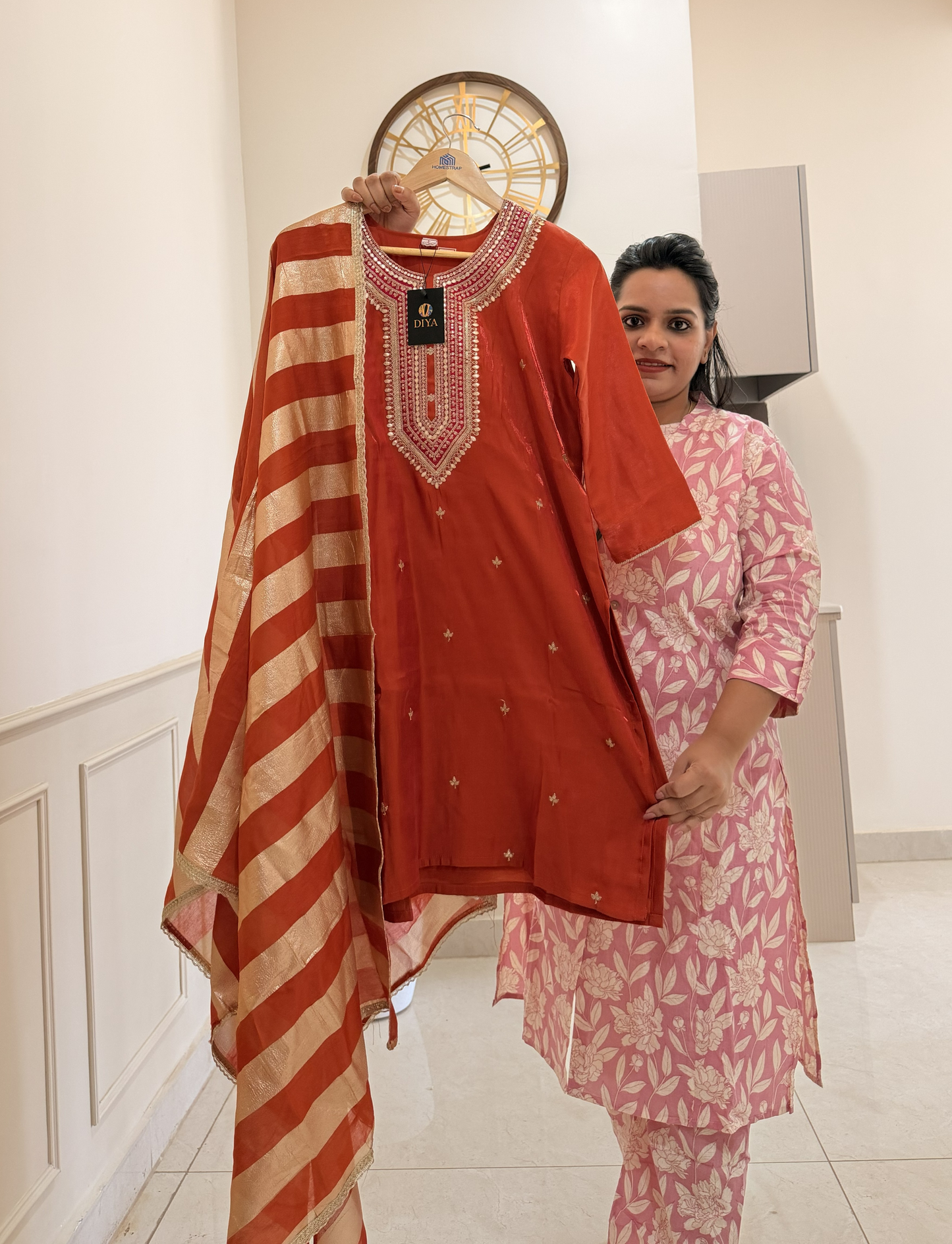 Elegant Rust Orange Embroidered Sharara Set with Golden Striped Dupatta – Festive Wear by Diya