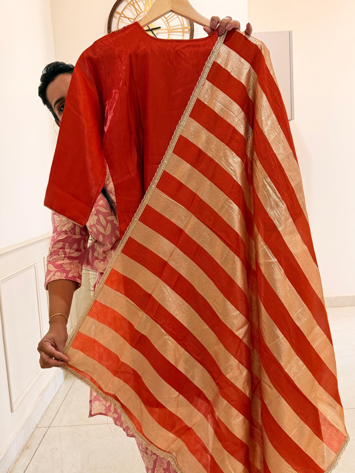 Elegant Rust Orange Embroidered Sharara Set with Golden Striped Dupatta – Festive Wear by Diya