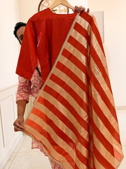 Elegant Rust Orange Embroidered Sharara Set with Golden Striped Dupatta – Festive Wear by Diya