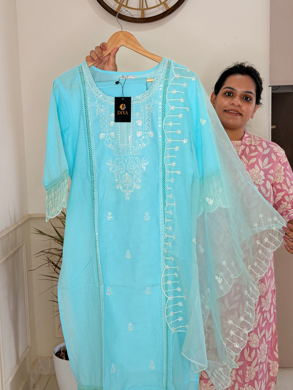 Elegant Sky Blue 3-Piece Suit Set with Intricate Embroidery