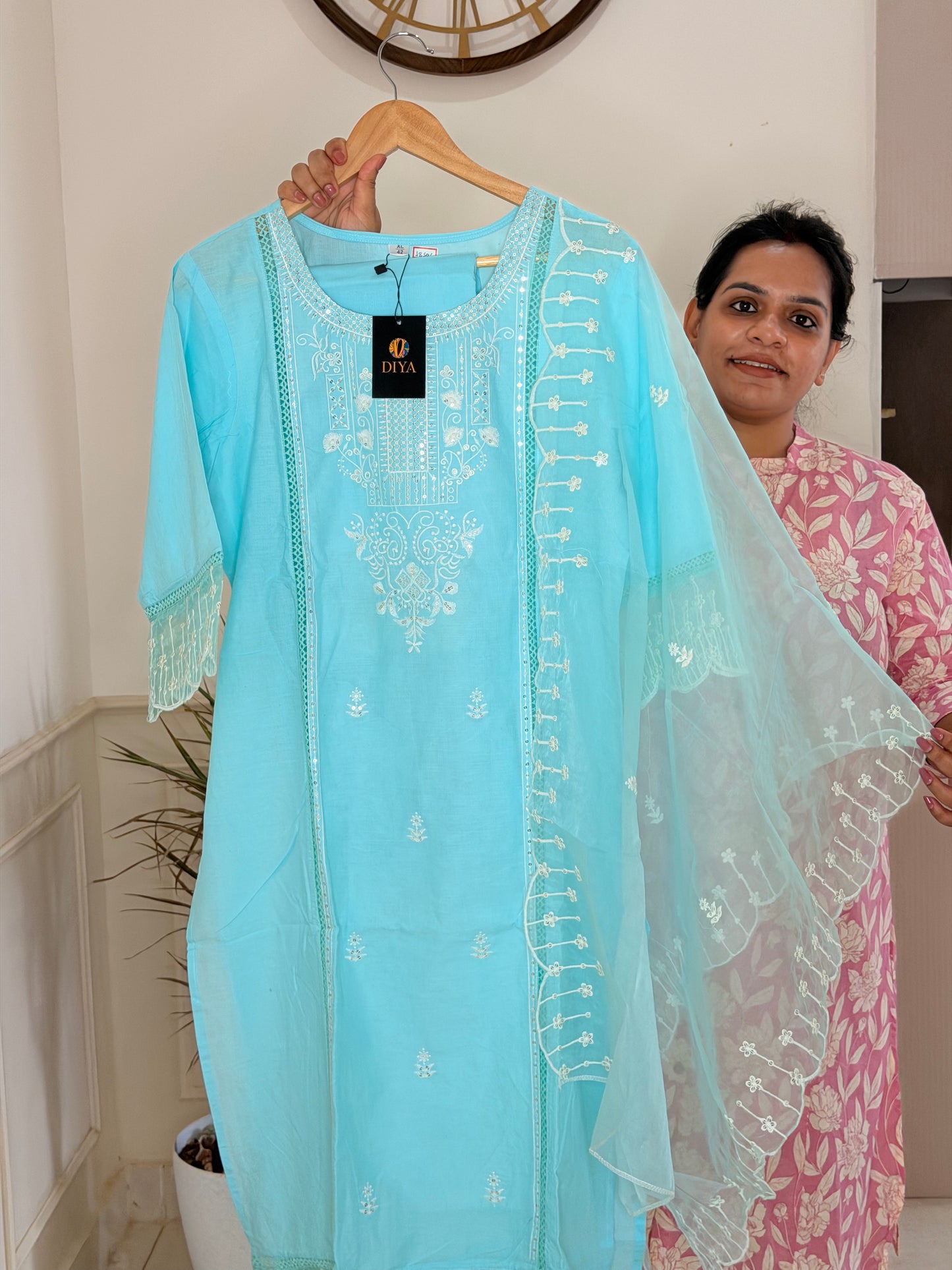 Elegant Sky Blue 3-Piece Suit Set with Intricate Embroidery